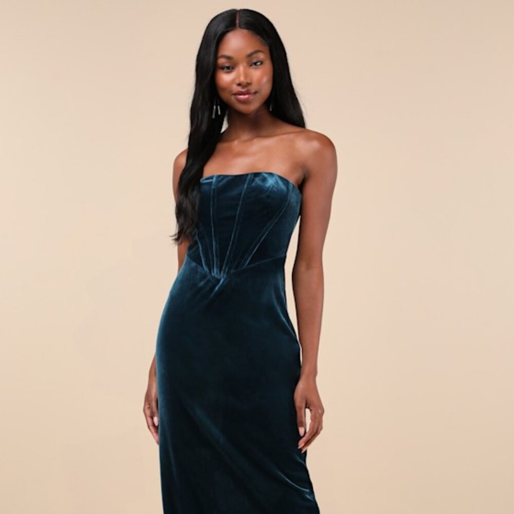 Lulus Regal Affect Teal Blue Velvet Bustier Strapless Maxi Dress - Size S